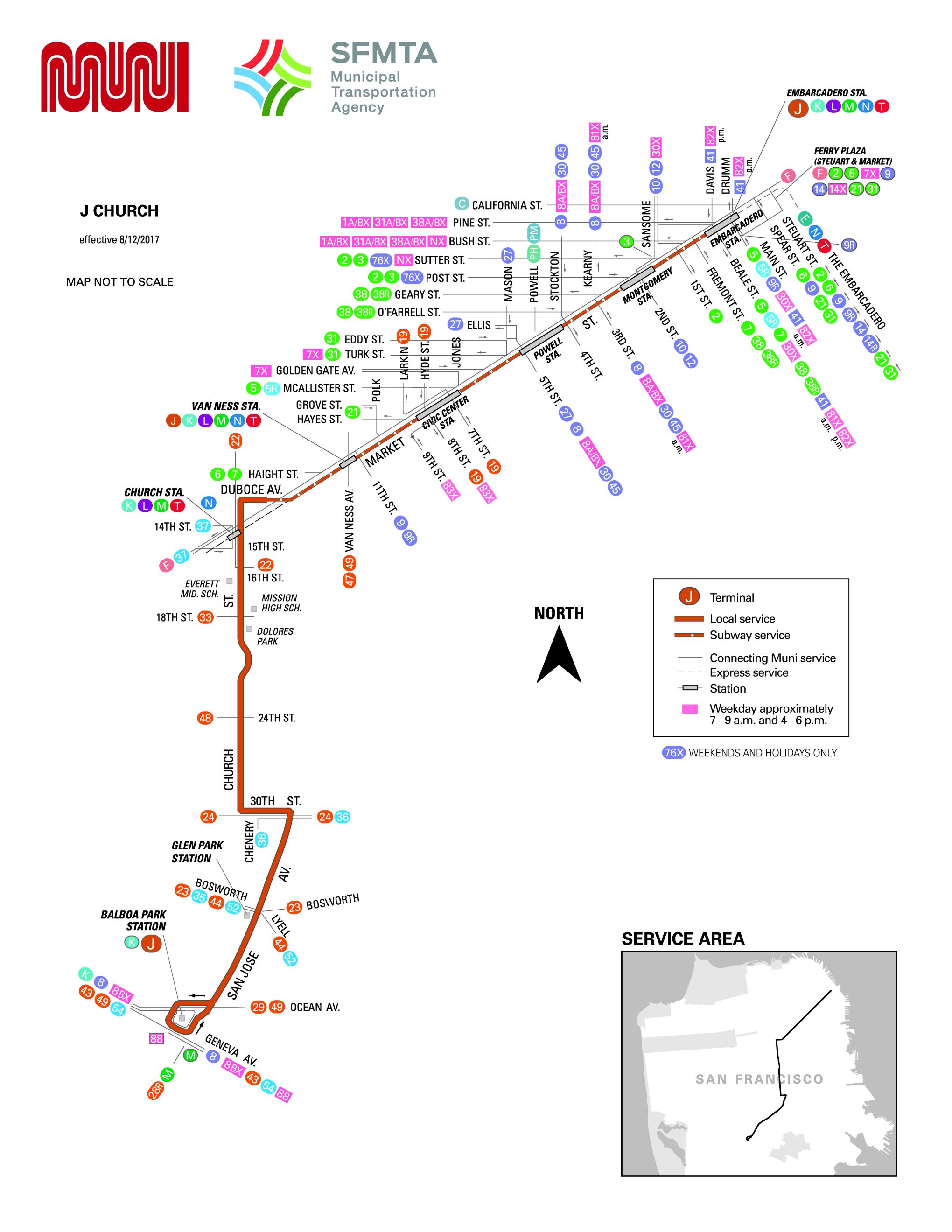 j-church streetcar route - sf muni - sf bay transit